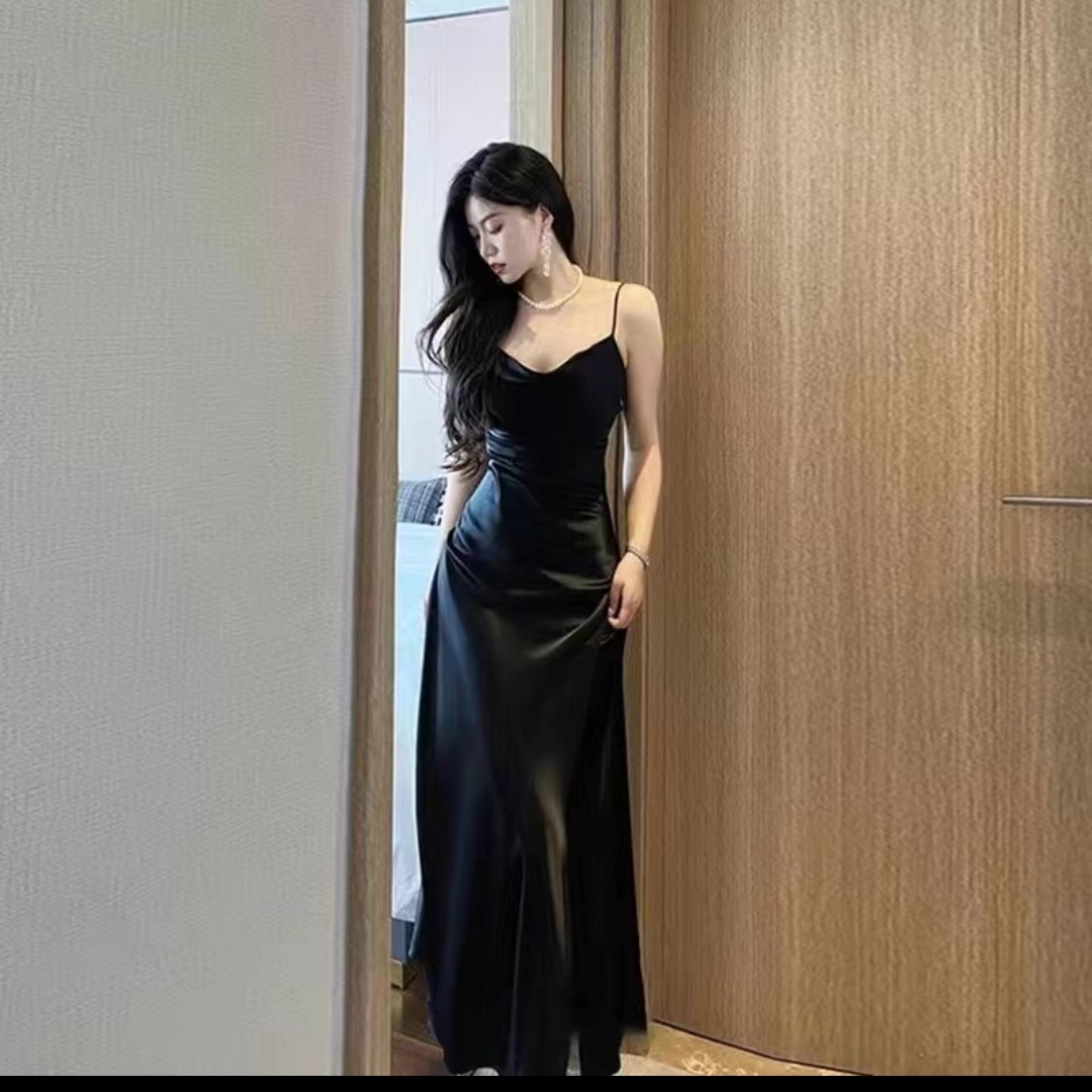 大码女装性感荡领轻礼服醋酸缎面加肥法式定制高腰显瘦吊带连衣裙