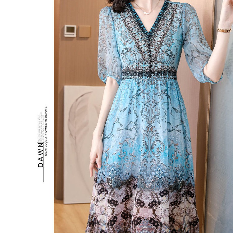 连衣裙2024夏季新款女装大摆印花中长裙高贵气质收腰