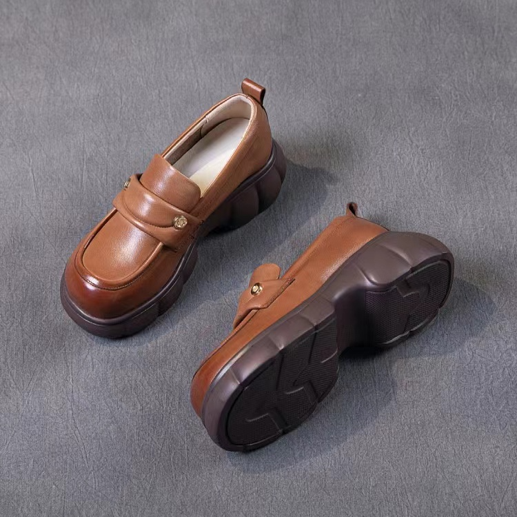 新款头层牛皮休闲时常百搭厚底真皮粗跟英伦风柔软防滑女乐福单鞋