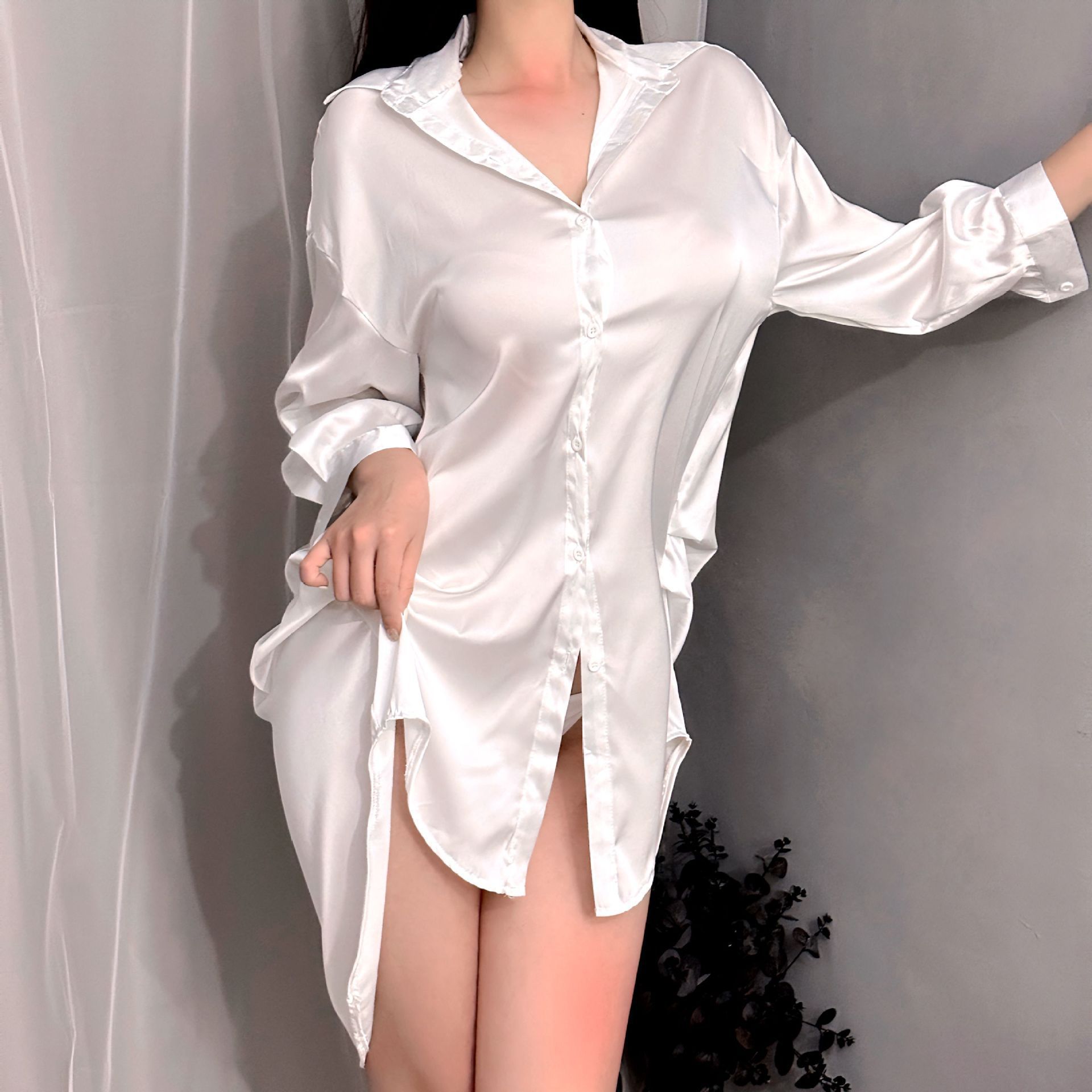 2024新款男友风衬衫性感睡衣缎面丝滑妩媚薄款纯欲风V领家居睡裙