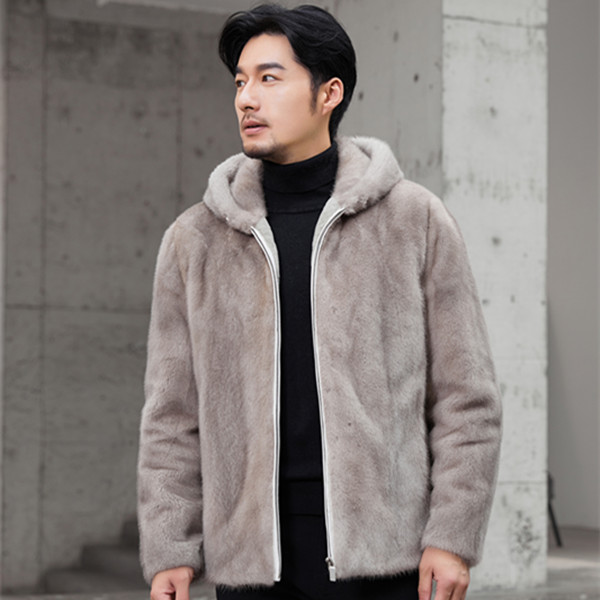 冬季新款男士银蓝色整貂皮大衣男款连帽拉链时尚水貂整皮外套