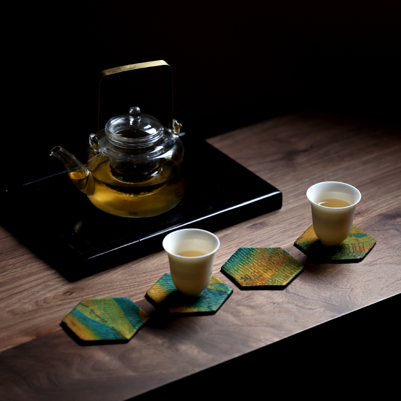 雙姊妹中式布艺真丝香云纱织锦缎杯垫六角形茶杯垫茶事茶壶隔热垫