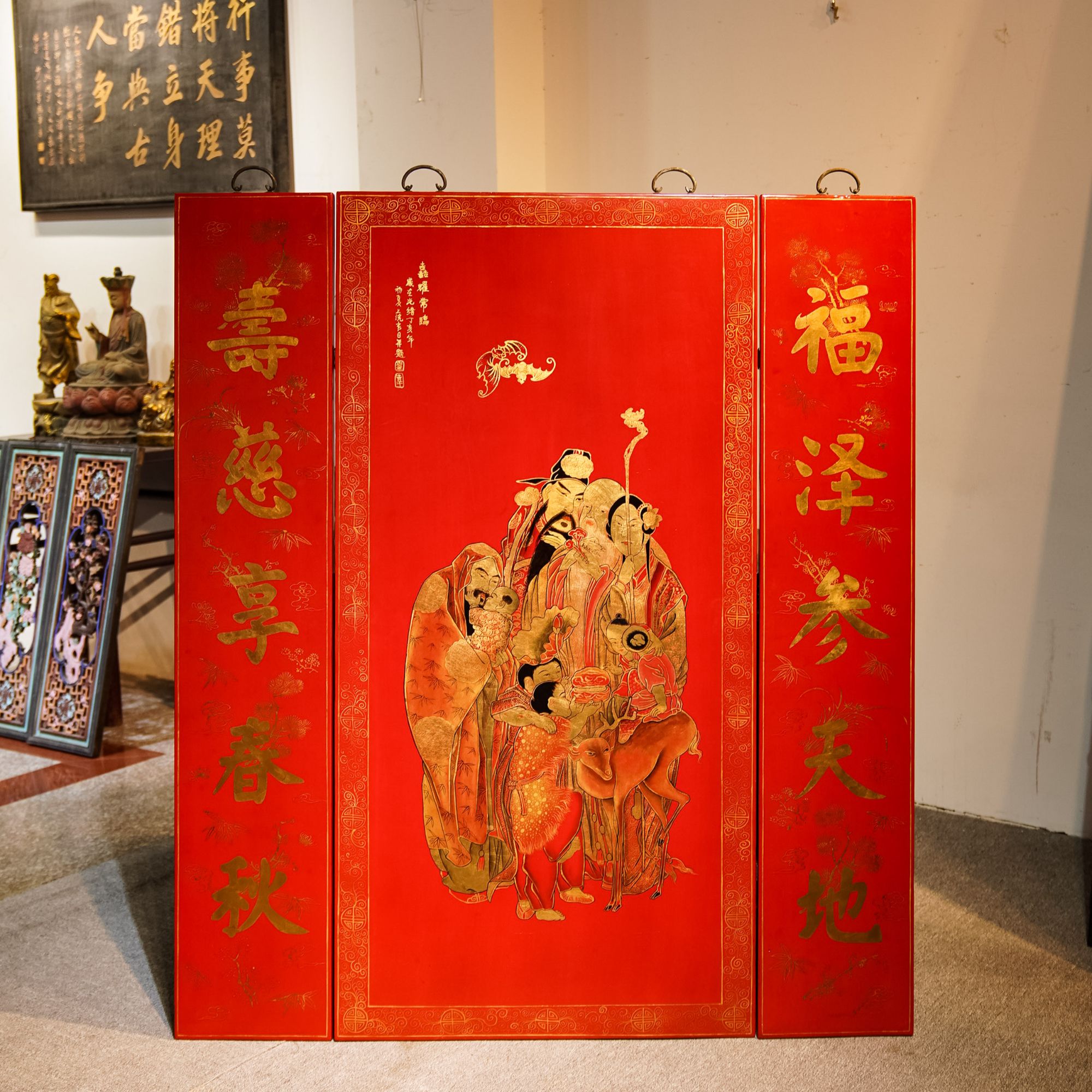 漆画珍品精美绝伦值得拥有珍精品拍】福禄寿图描金漆画中堂三件套 