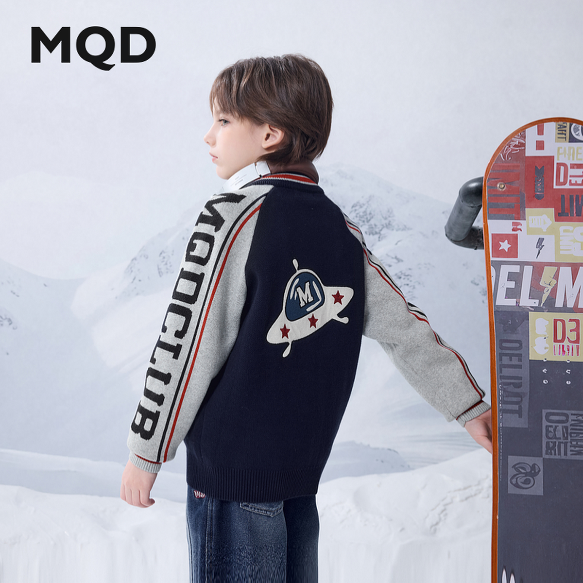 MQD童装24冬季新品学院风飞碟撞色棒球领毛衣开衫外套9644W0711