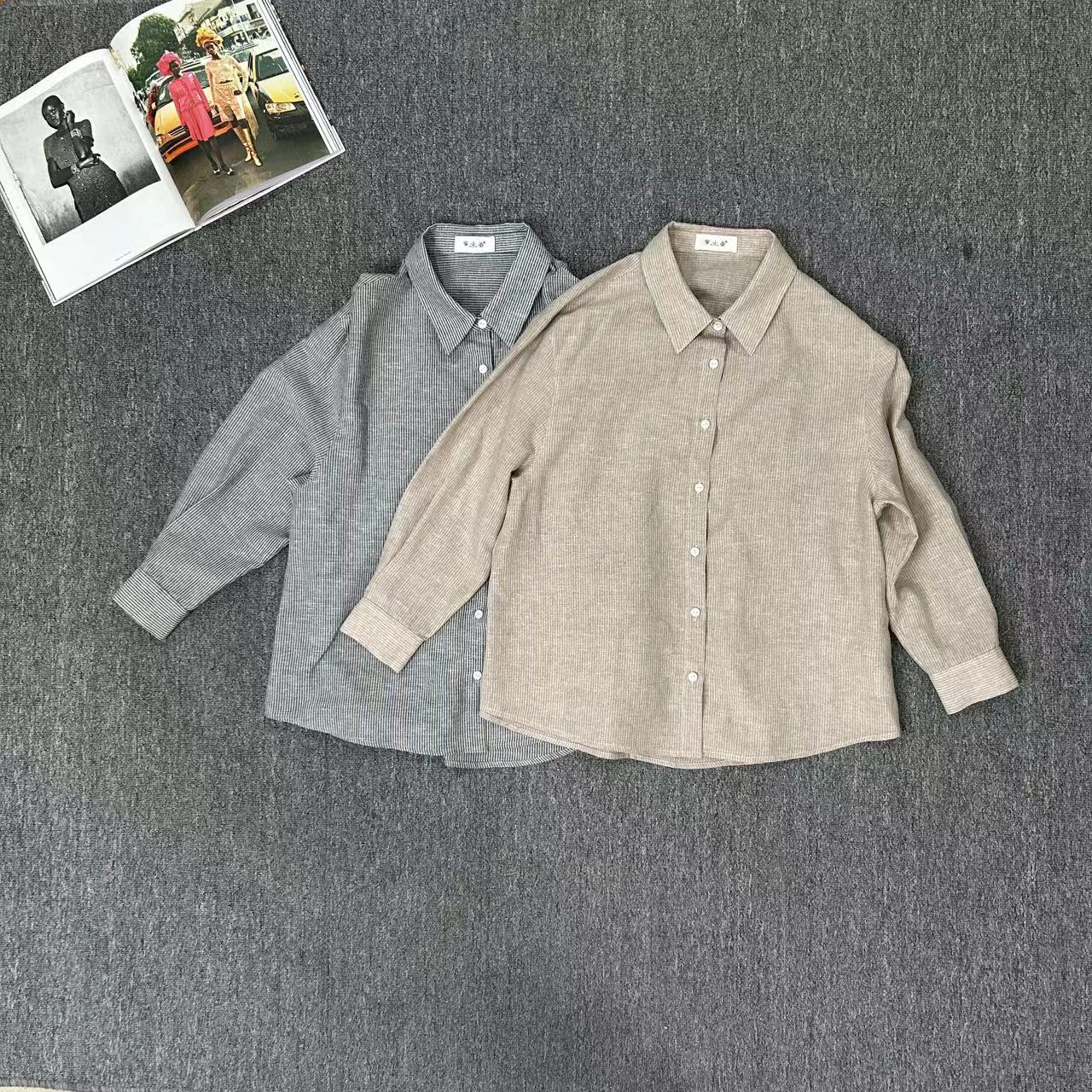 81464余小鱼 两色细条纹韩系小众休闲时尚青春单排扣长袖衬衫女装