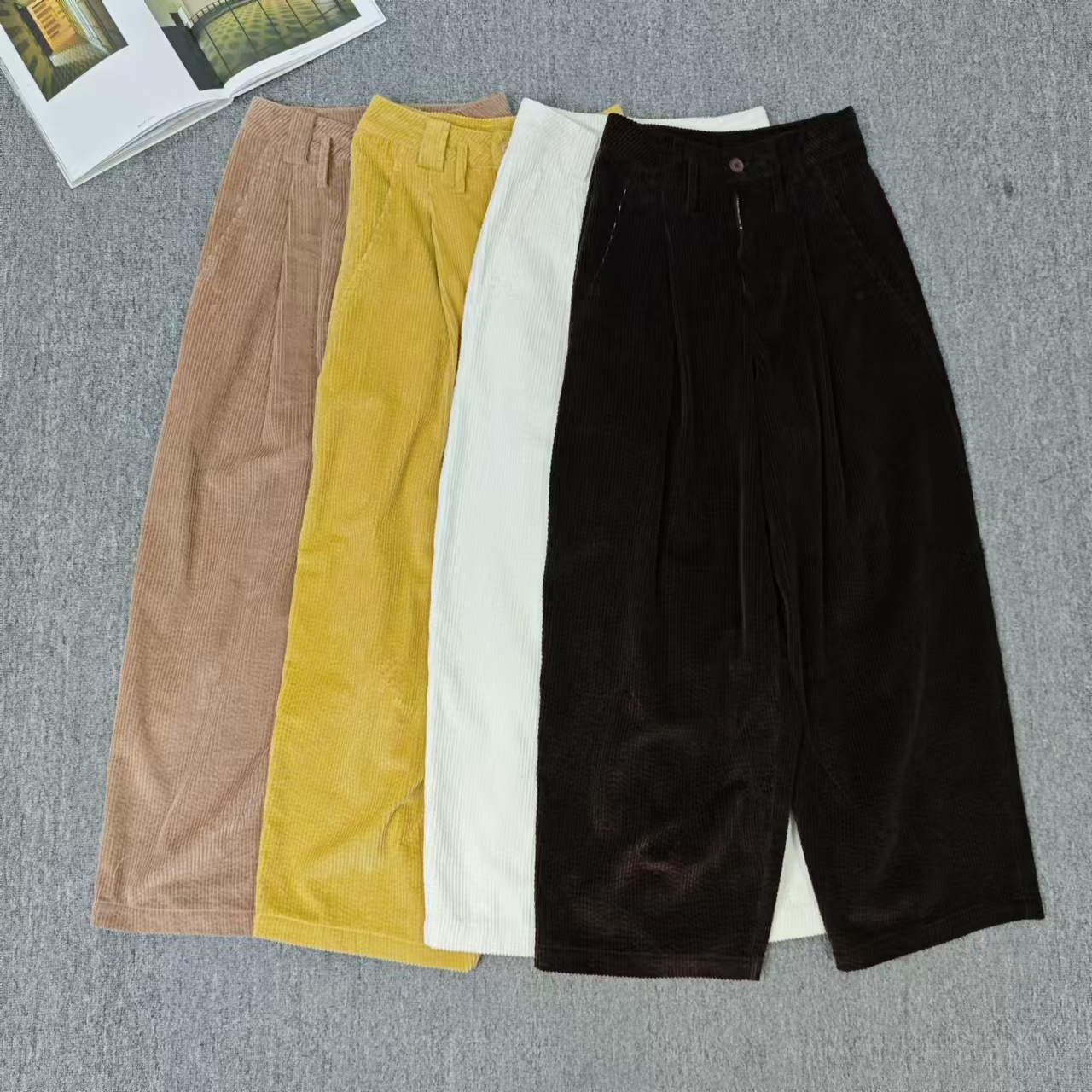 13084余小鱼 四色竖坑条设计休闲韩系百搭阔腿休闲裤女装