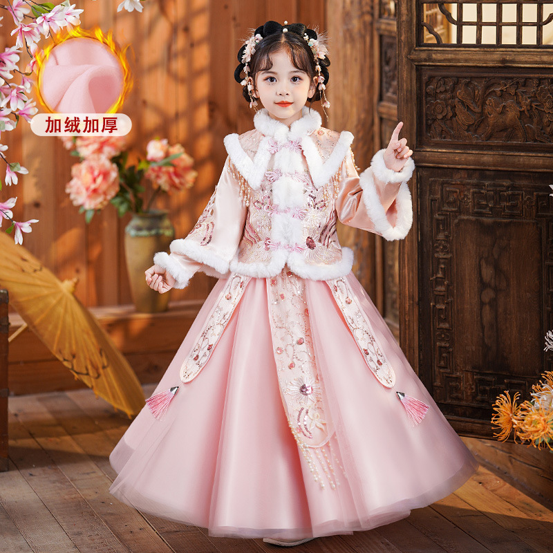 巴拉巴拉恩过年服女童汉服冬季公主裙加绒冬2024拜年服儿童唐装女