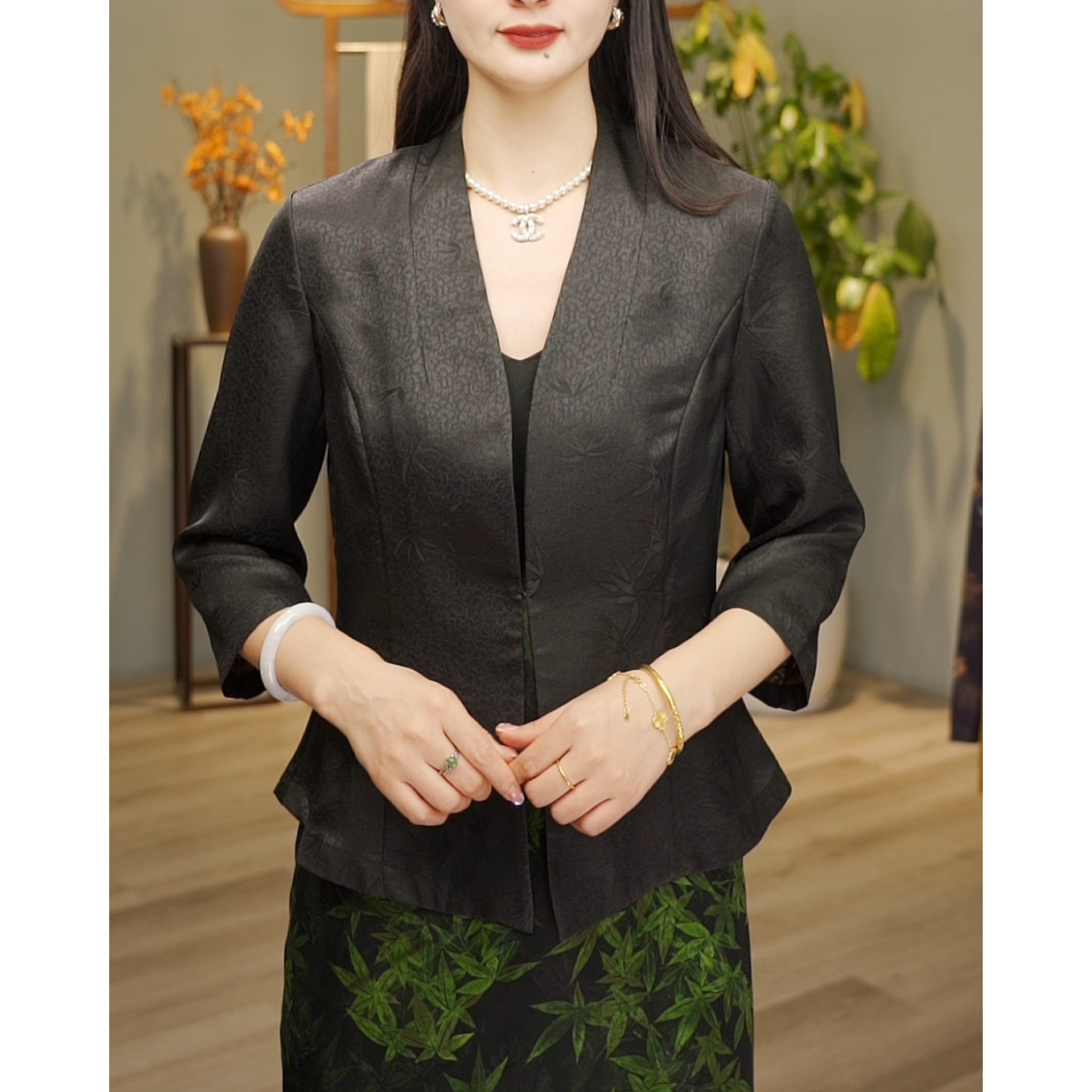 【韩然然原创设计】香云纱重缎提花新中式收腰气质显瘦外搭43130047