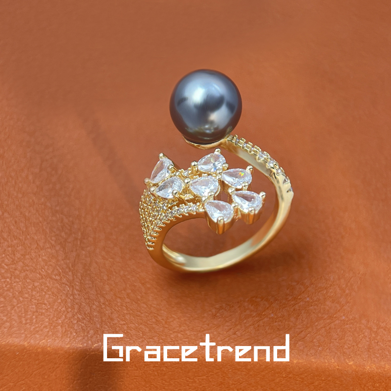 Grace trend 铜合金仿珍珠戒指 轻奢气质时尚戒指金色戒圈 D-378