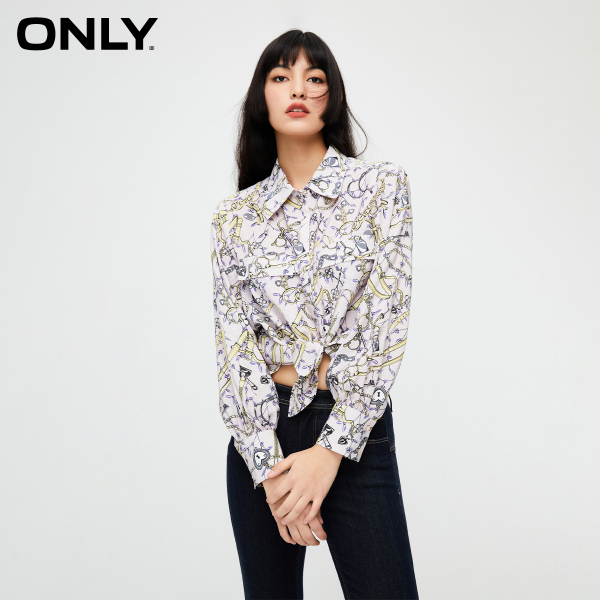 ONLY新款设计感简约复古宽松满印翻领衬衫女|124105011