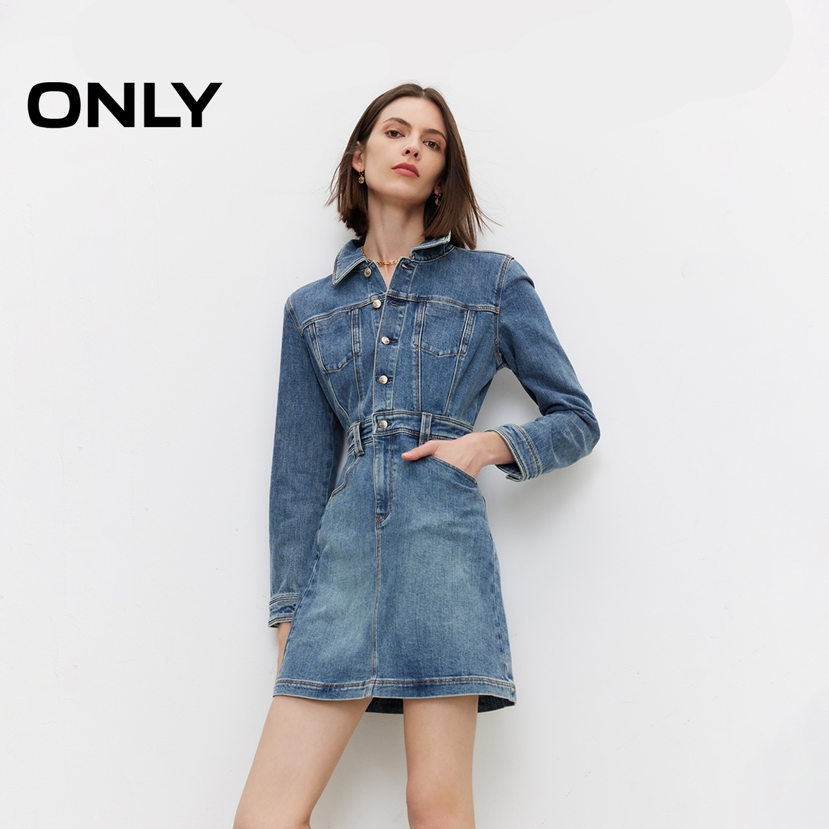 ONLY2025冬季新款复古正肩显瘦翻领牛仔短裙连衣裙女|124442005