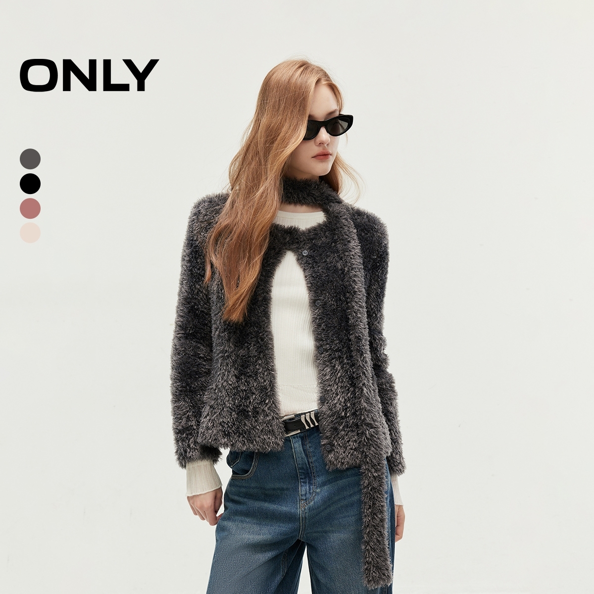 【芋总专属】ONLY时尚亮丝圆领开衫围巾毛绒针织衫女装|12443B012