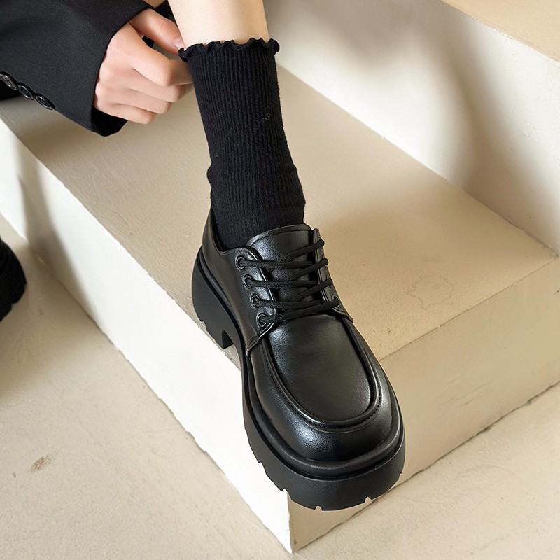 英伦风厚底小皮鞋女2025春季新款玛丽珍百搭系带乐福鞋黑色jk单鞋