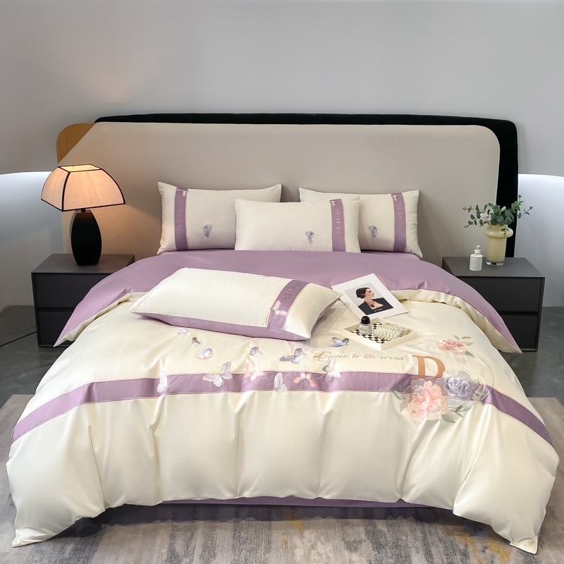 新款全棉长绒棉绣花圆角床单床裙刺绣四件套高端礼盒-蝶恋花