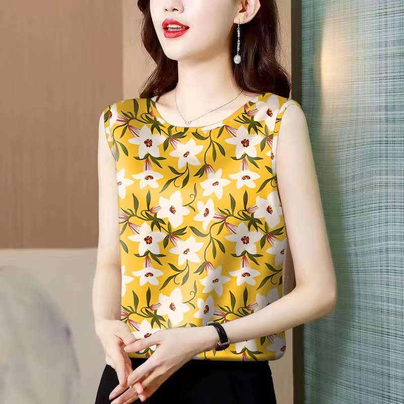 夏季背心女士宽松显瘦洋气吊带上衣印花薄款冰丝无袖圆领外穿小衫