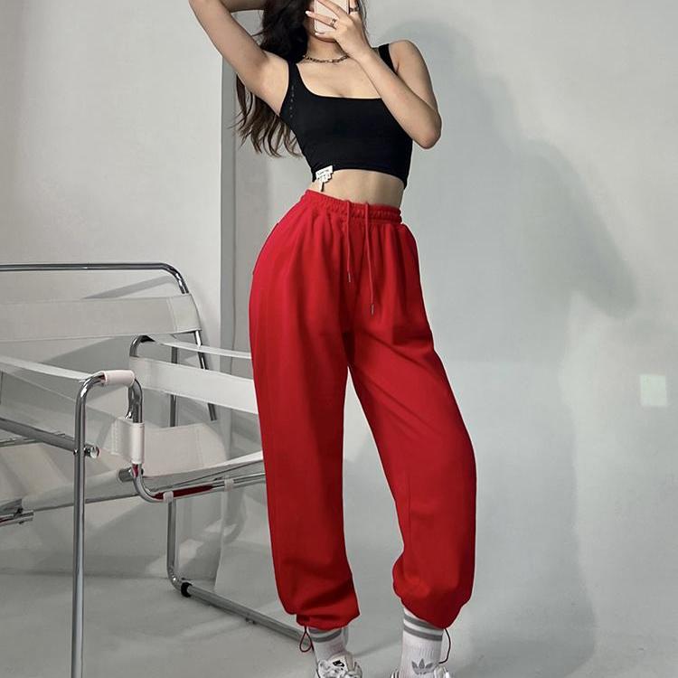 欧美风高腰阔腿裤红色运动裤子女夏季薄款宽松垂感抽绳束脚休闲裤