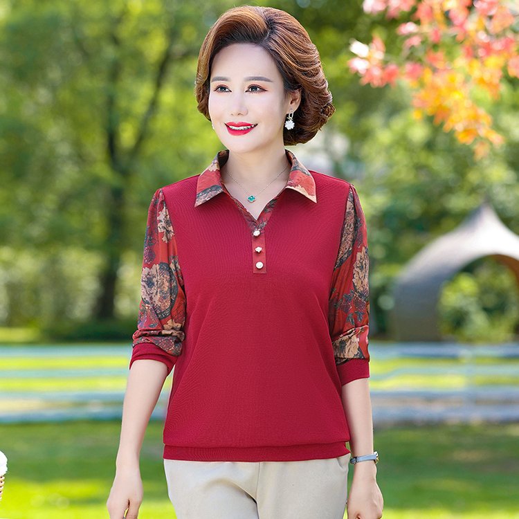 中老年女装妈妈装时尚洋气春秋季薄款打底衫衬衣长袖翻领遮肚上衣