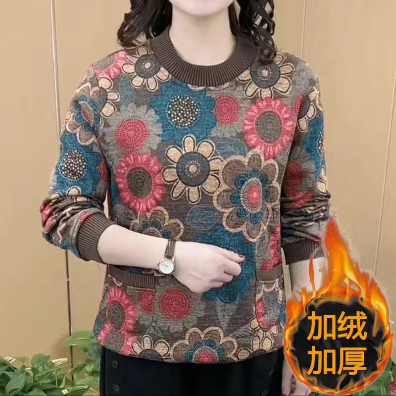 中年妈妈装加绒加厚小衫时尚洋气印花圆领保暖打底卫衣秋冬长袖女