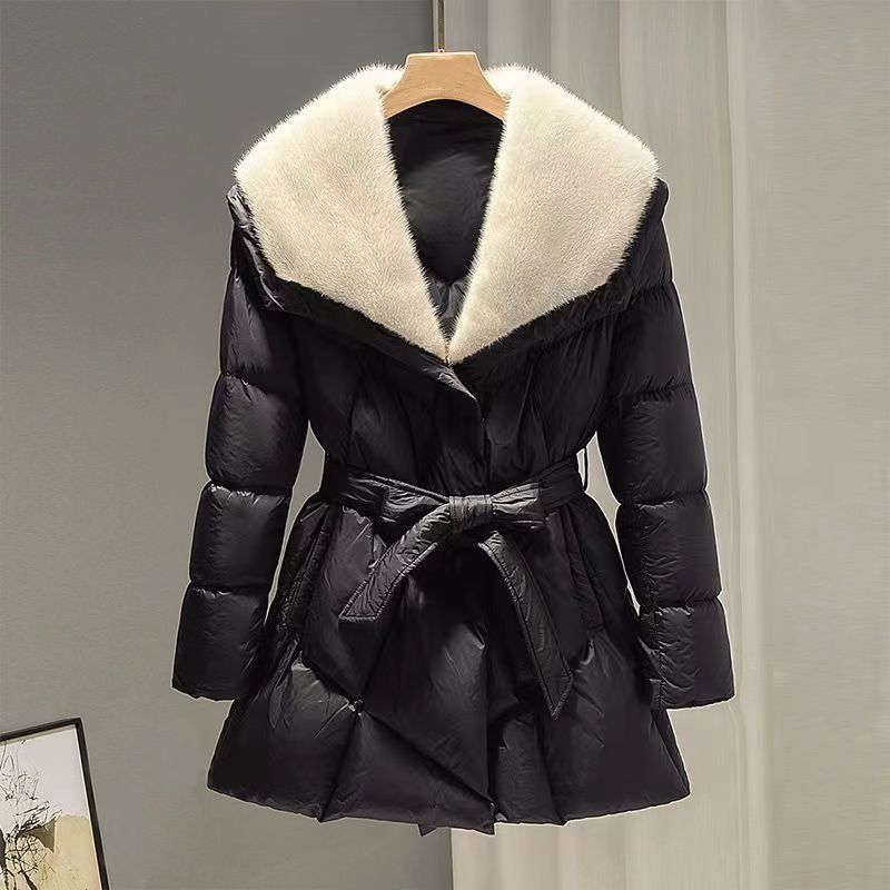 高端水貂绒翻领羽绒服女冬季新款名媛气质系带显瘦保暖外套潮