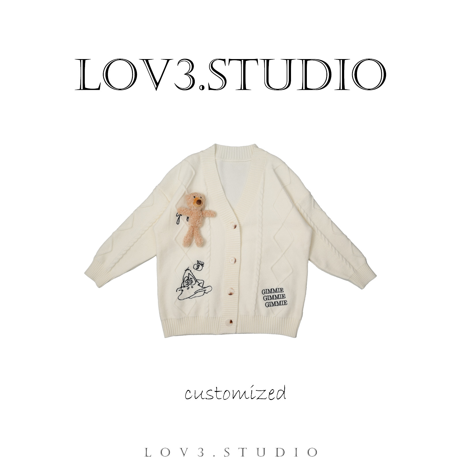 LOV3大码春季新款小熊中长款毛衣开衫外套大码女装宽松慵懒针织衫