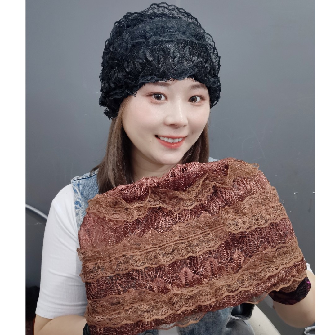 2023新款夏季双层薄款蕾丝弹力遮白发包头帽 