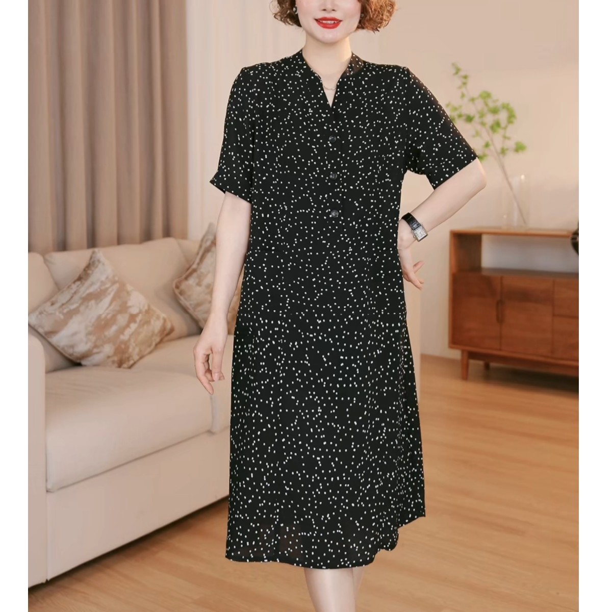 【满天星】黑色气质连衣裙女夏遮肚显瘦大码洋气时尚裙子