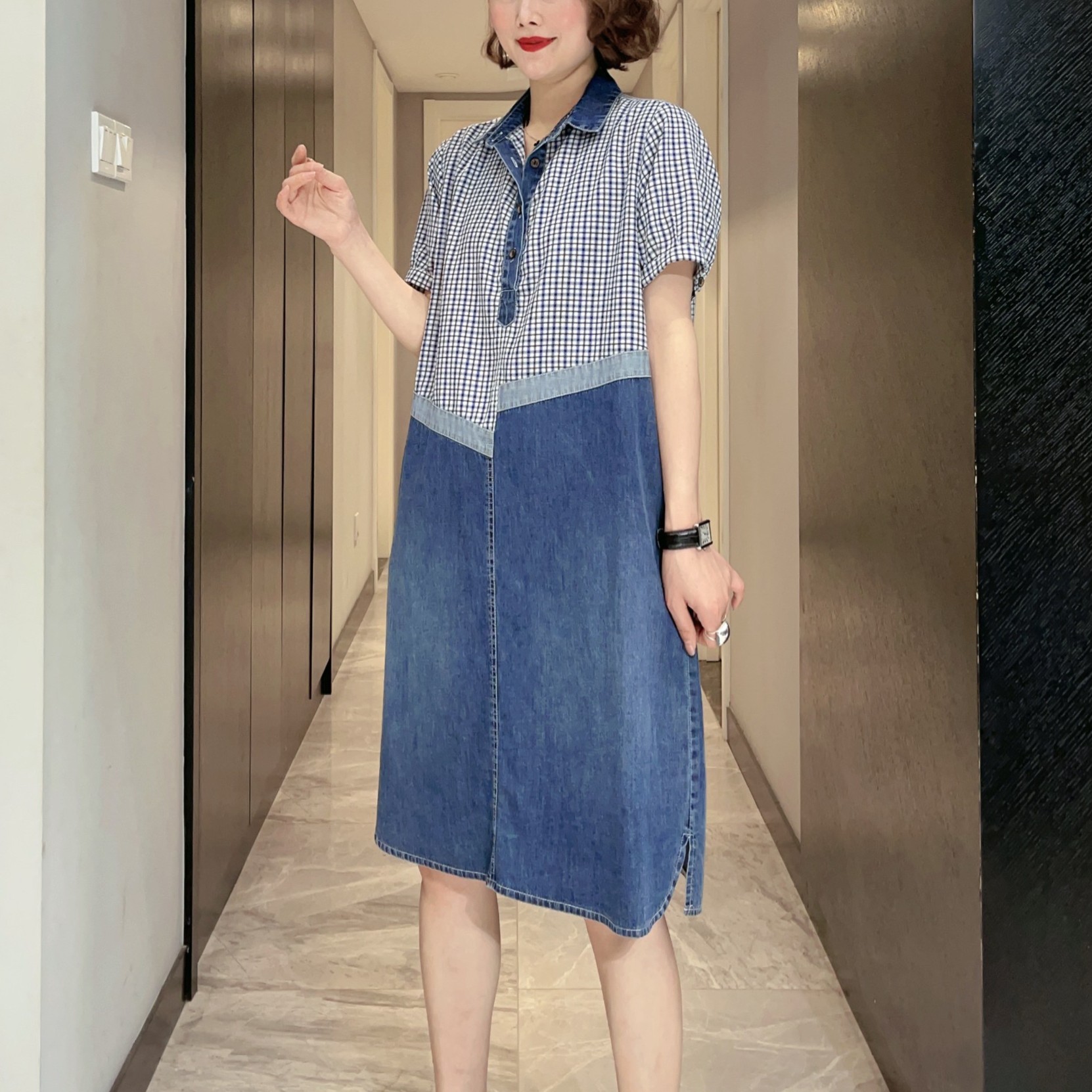 【现货】牛仔连衣裙女夏薄款衬衫格子拼接大码梨型身材衬衣裙子