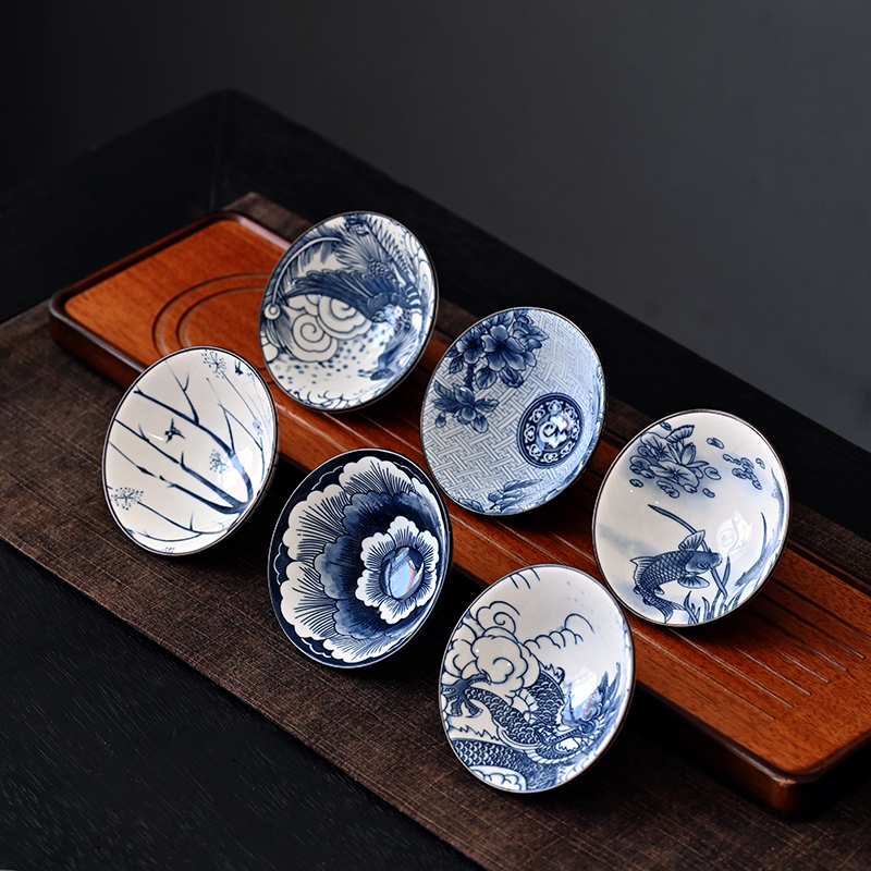 秋香茶具  复古青花茶杯六只装斗笠杯功夫茶具主人杯-0050