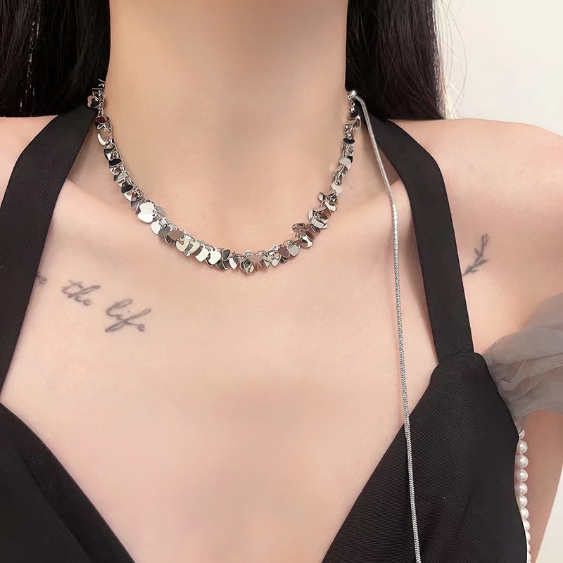 不锈钢合成锆石项链 爱心亮片可抽拉项链设计感锁骨气质颈链