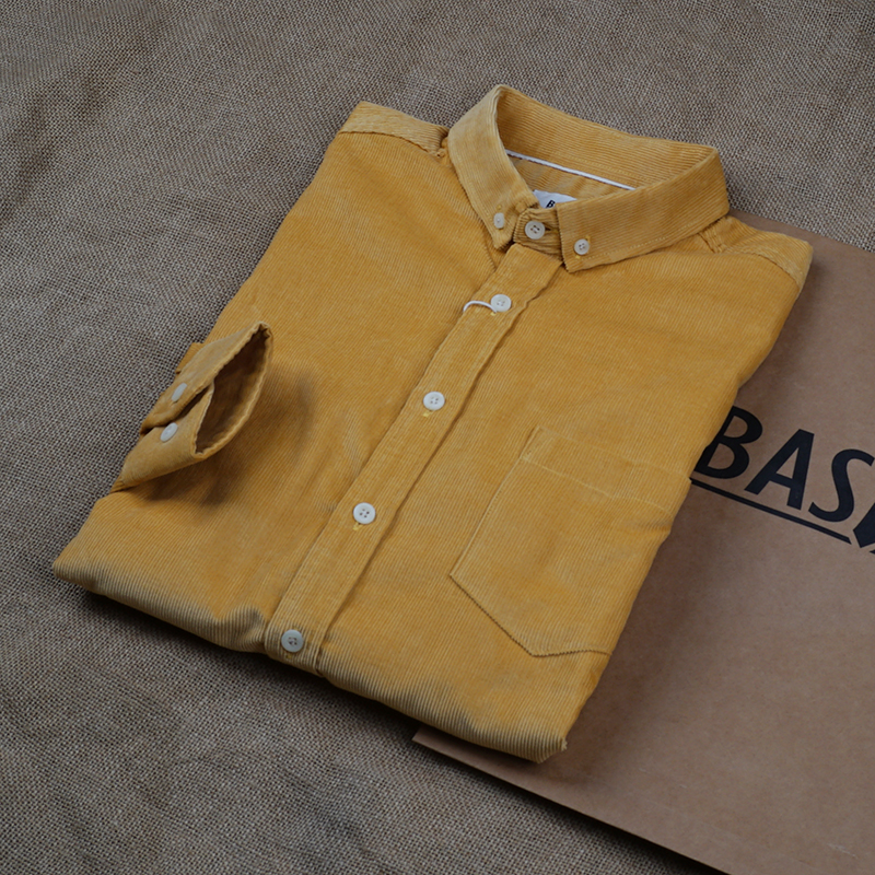 巴司司衬衫纯棉黄色灯芯绒长袖款男衬衣休闲百搭纯色秋季衬衫530