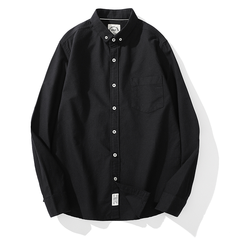 巴司司衬衫牛津纺黑色衬衫男长袖纯棉休闲衬衣404