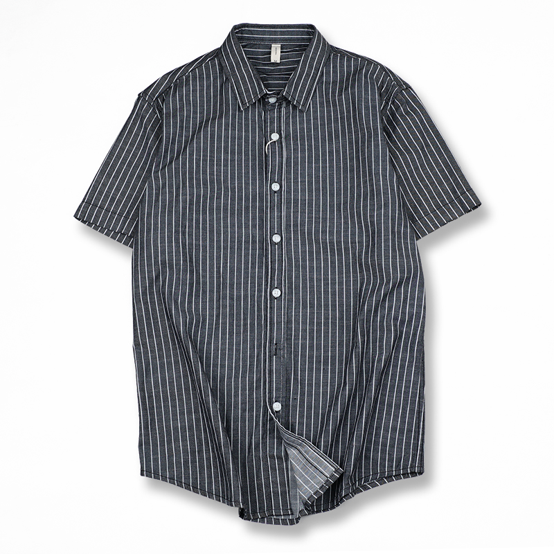 黑条纹衬衫短袖男纯棉百搭休闲半袖竖条纹衬衣706