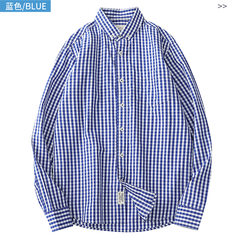 蓝格子衬衫男长袖纯棉百搭休闲朝阳方格蓝格衬衣208条纹衬衫