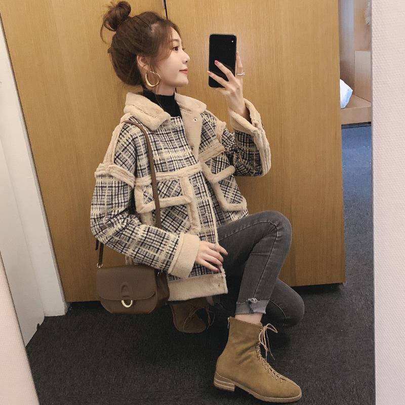 格子外套女潮款短款小个子毛呢加厚毛毛加绒女装外套一体洋气休闲