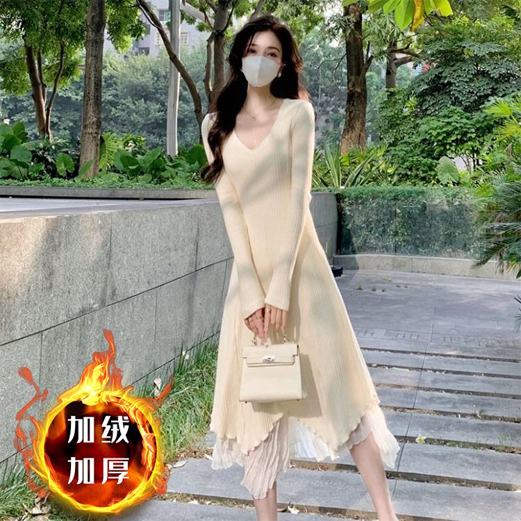 加绒加厚冬新款设计感V领针织不规则连衣裙女配大衣内搭打底长裙
