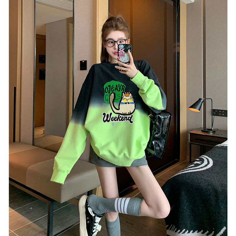 渐变色圆领卫衣女2023新款爆款春秋套头绿色加绒加厚上衣