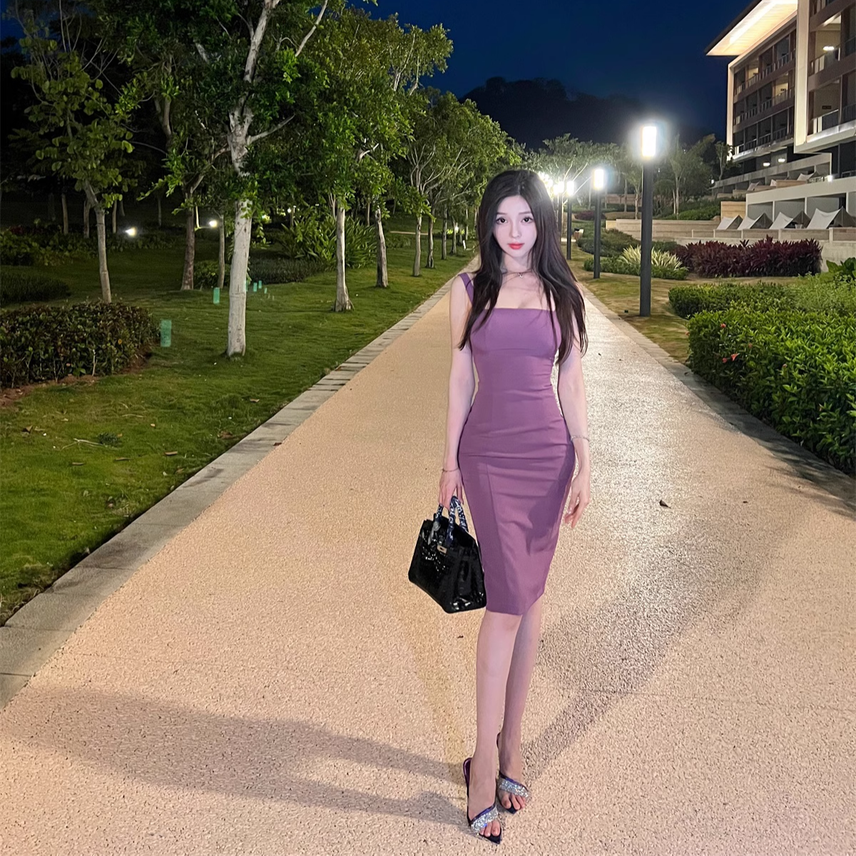 【PH2304321】葡萄紫自带胸垫S曲线包臀裙气质温柔日常上班秘书裙