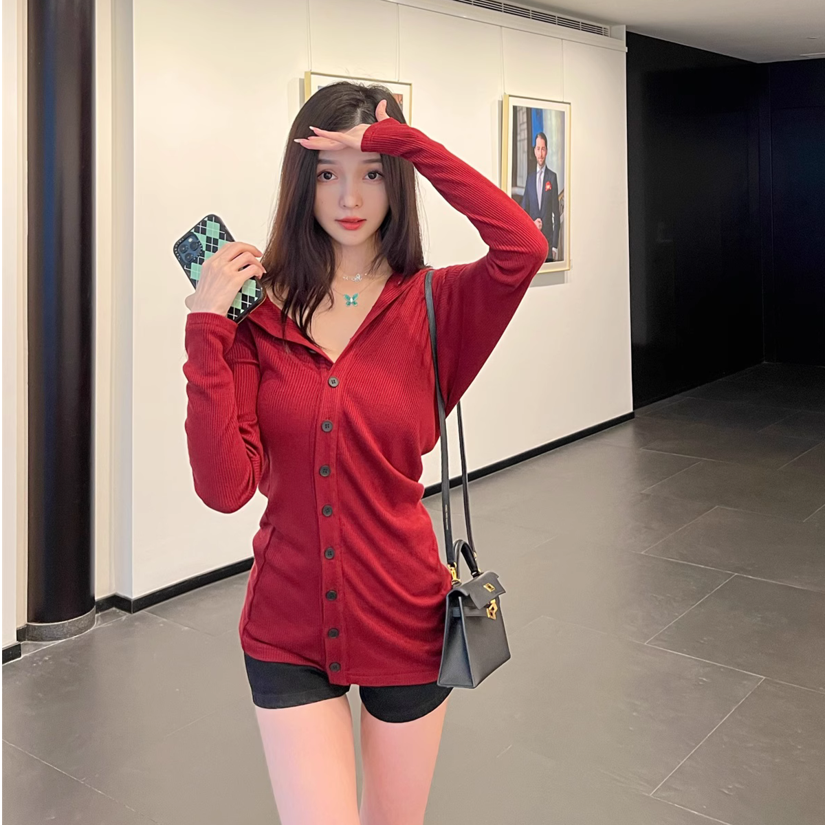 【Y2204345】冷门猪肝色针织春秋百搭短款上衣外套夏季气质修身