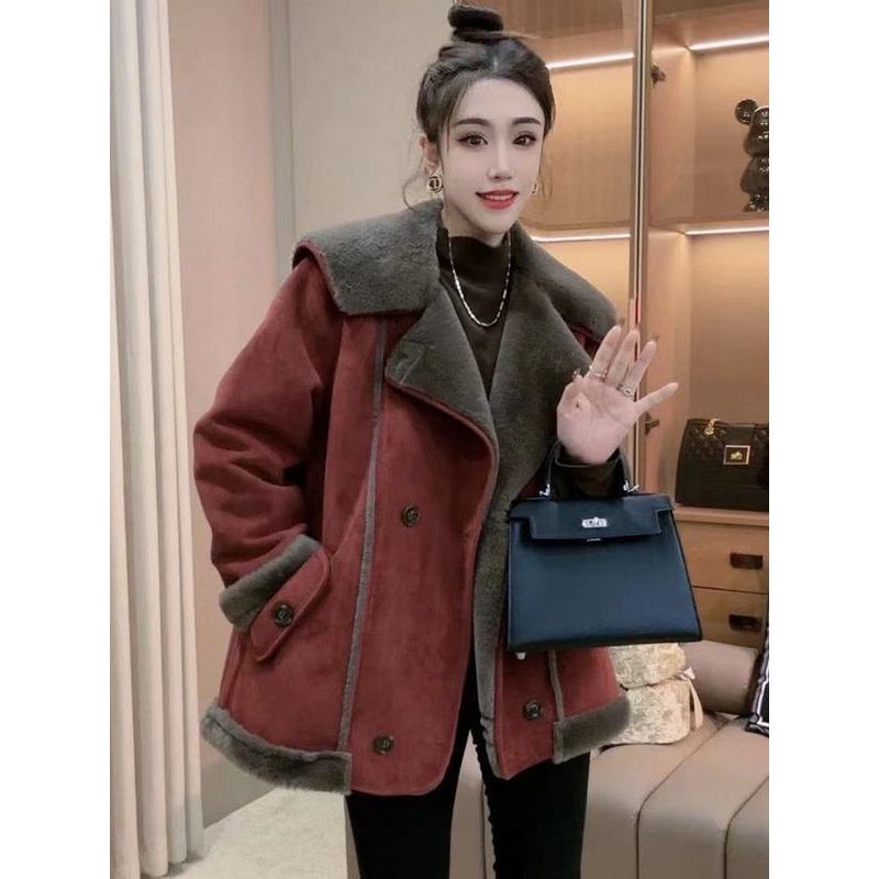 美拉德色系皮毛一体羊羔毛外套女2023冬季新款加厚宽松拼接大衣潮