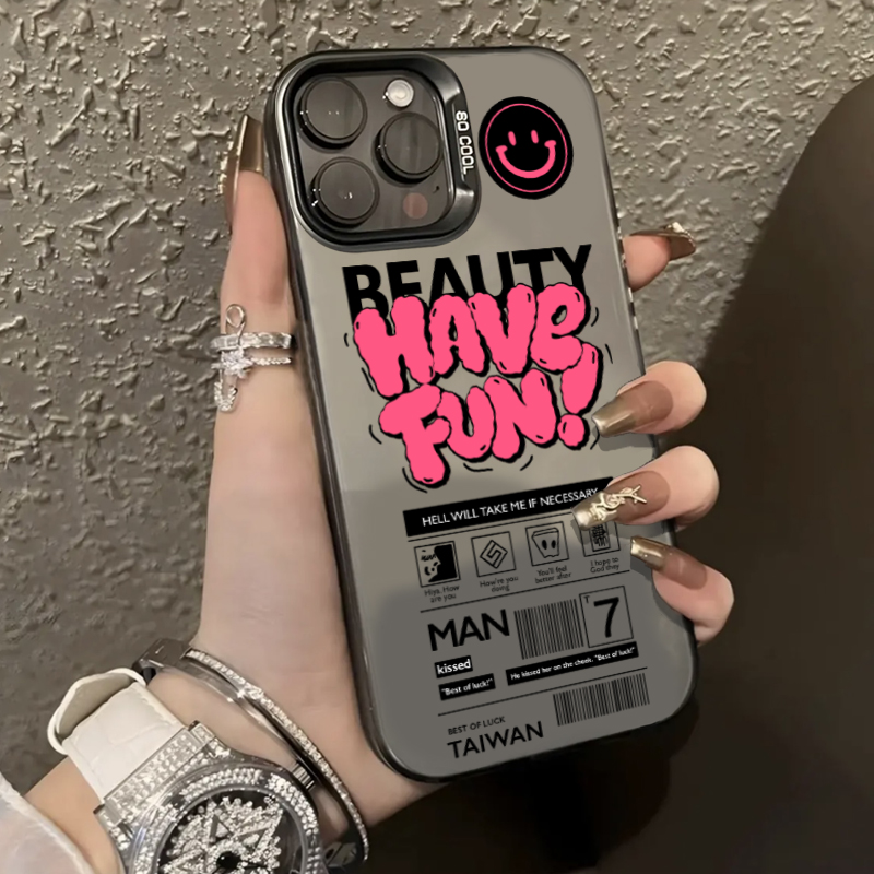玫红涂鸦英文元气壳适用于苹果15手机壳iphone13/14promax防摔12