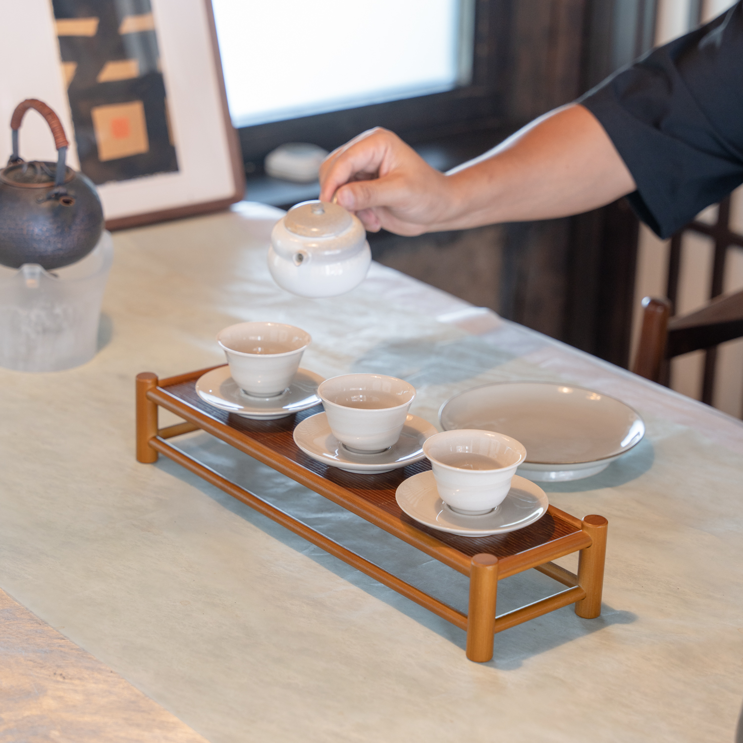 【禅意】手工楠竹竹丝面茶架烟熏色中式茶具收纳架竹杯架茶具置物架