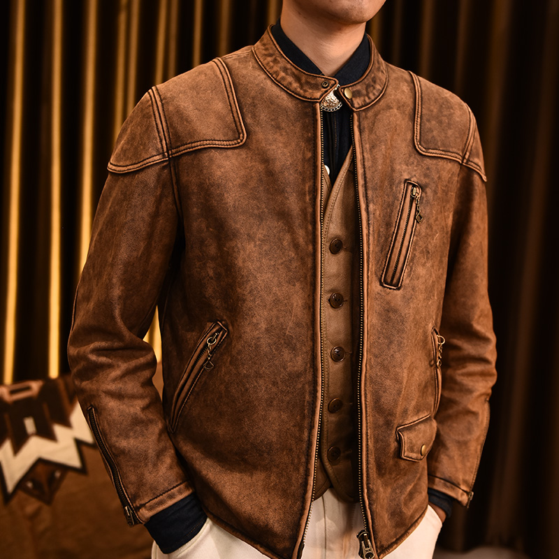 虎丁真皮 头层牛皮 PKS352毒液男士机车休闲复古时尚立领春秋