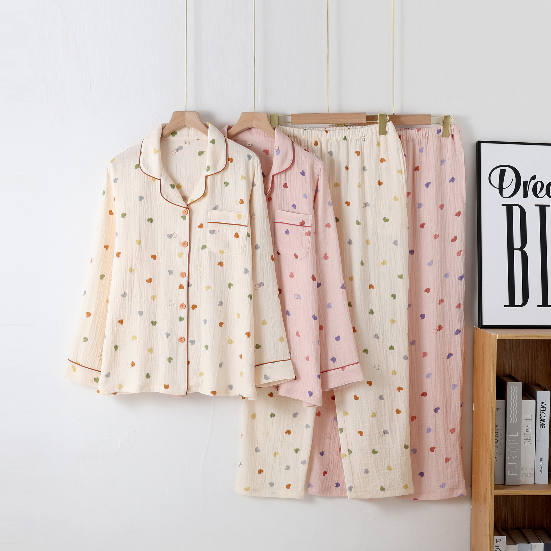 新款纯棉双层纱布棉纱睡衣女春秋夏季全棉薄款翻领长袖家居服套装