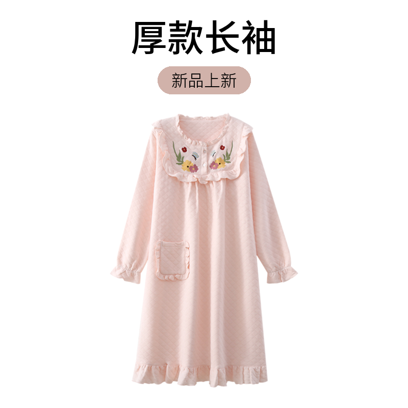 纯棉睡裙女长袖秋冬季空气棉三层夹棉保暖浴袍宽松全棉长款家居服