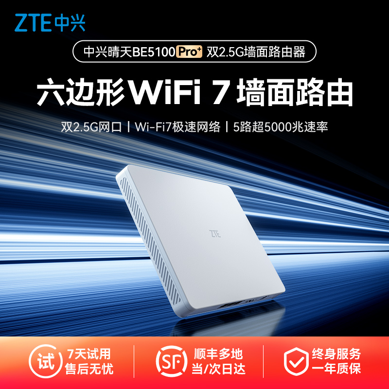 中兴晴天墙面路由器BE5100Pro+双2.5G网口无线WiFi7千兆双频红魔