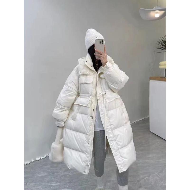 韩版连帽抽绳系带羽绒服女中长款2023冬季新款过膝白鸭绒保暖外套