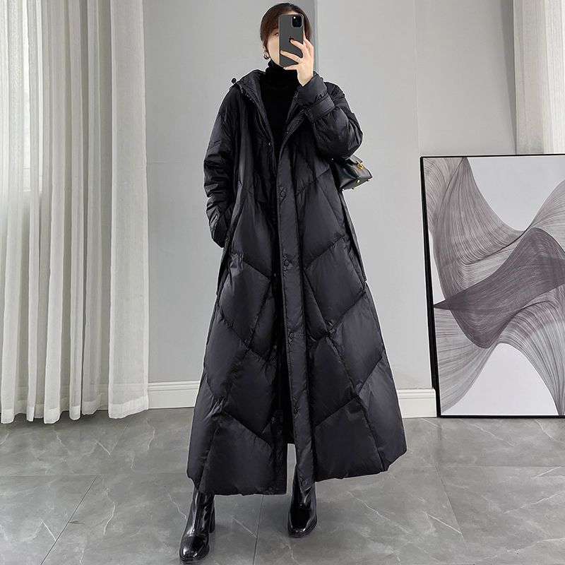 2023新款羽绒服女装冬季宽松超长款黑色连帽过膝白鸭绒加厚外套潮