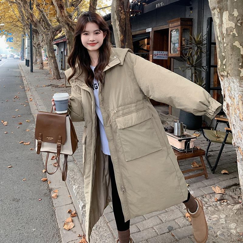 咖色中长款过膝羽绒服女2023冬季新款韩版连帽保暖90白鸭绒厚外套