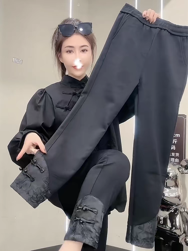 国风盘扣黑色九分烟管裤