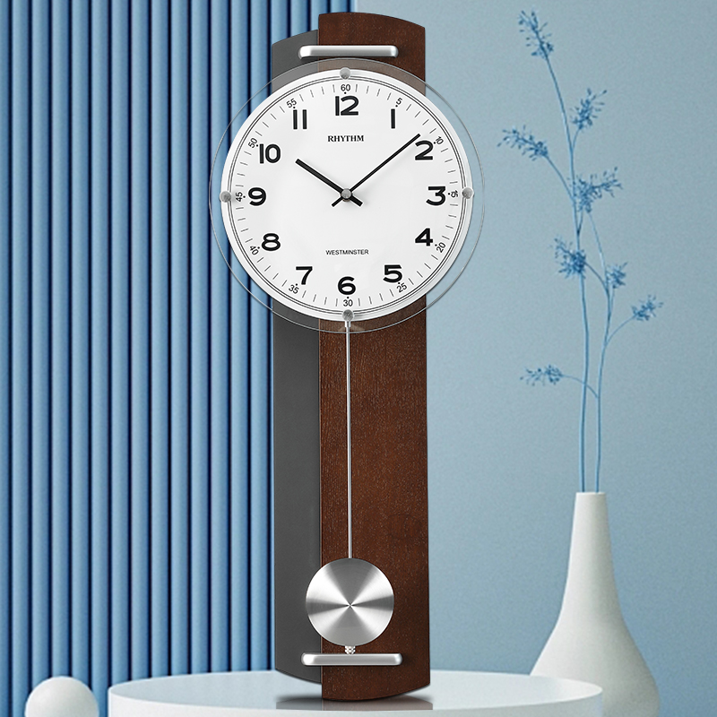 RHYTHM日本丽声创意报时客厅挂钟金属摆钟简约挂表时钟石英钟表